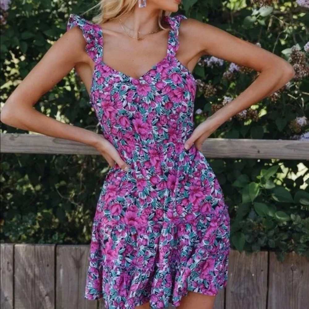 Pink Floral Mini Summer Dress - Size: S